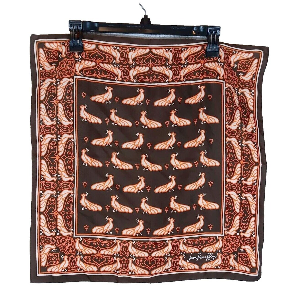 Jean Pierre Robin Vintage Silk Scarf Brown Orange Peacock Bird Print Square